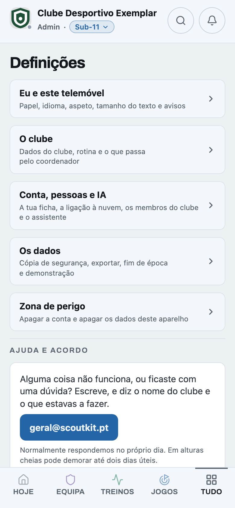 Cria as equipas e escolhe os escalões