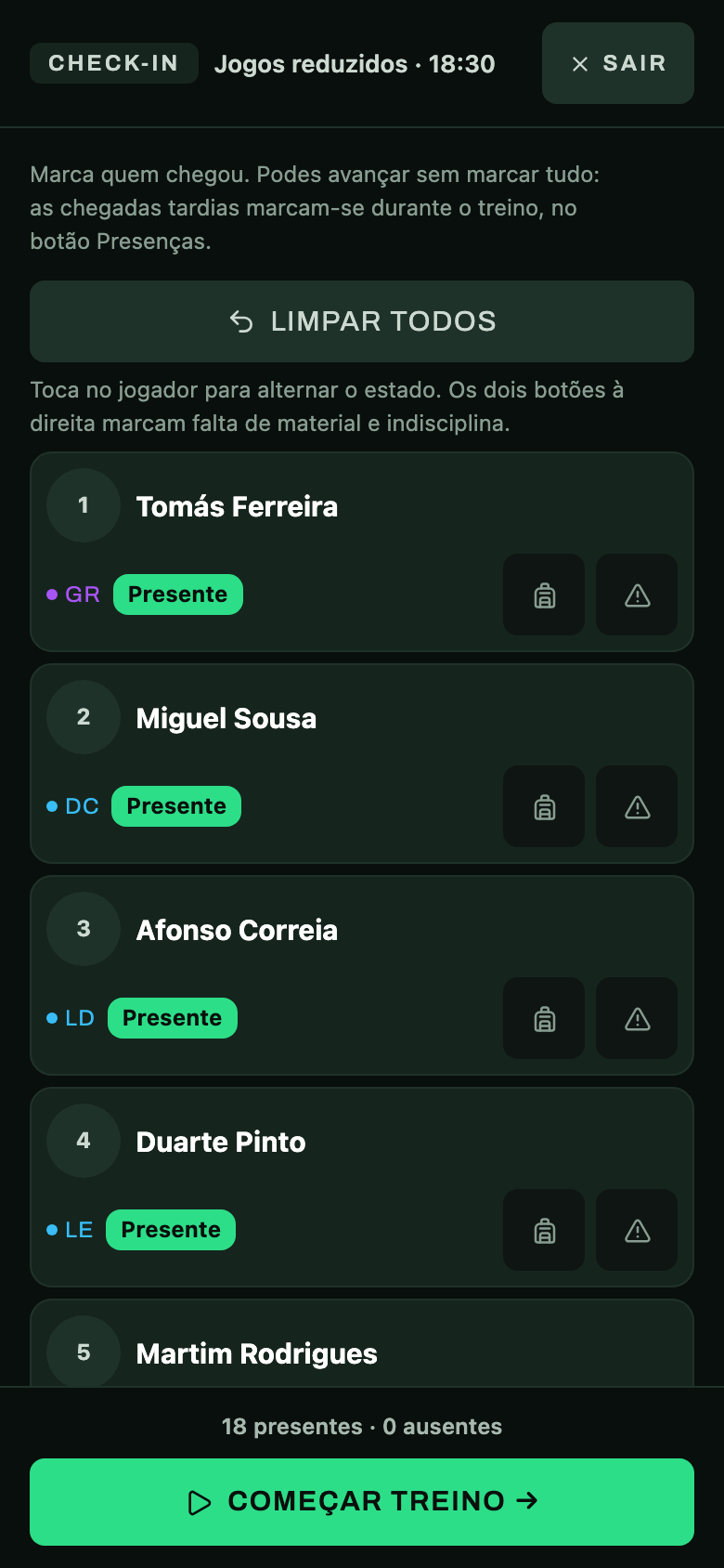 O início do Modo Sessão: cada atleta marcado como presente com um toque