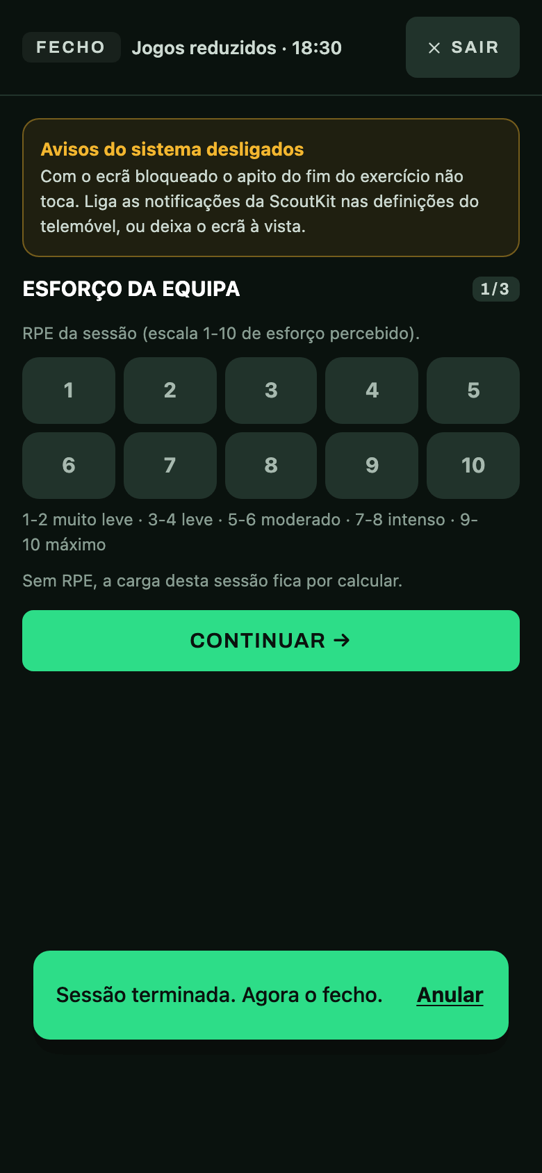 Termina a sessão e dá o esforço de 1 a 10
