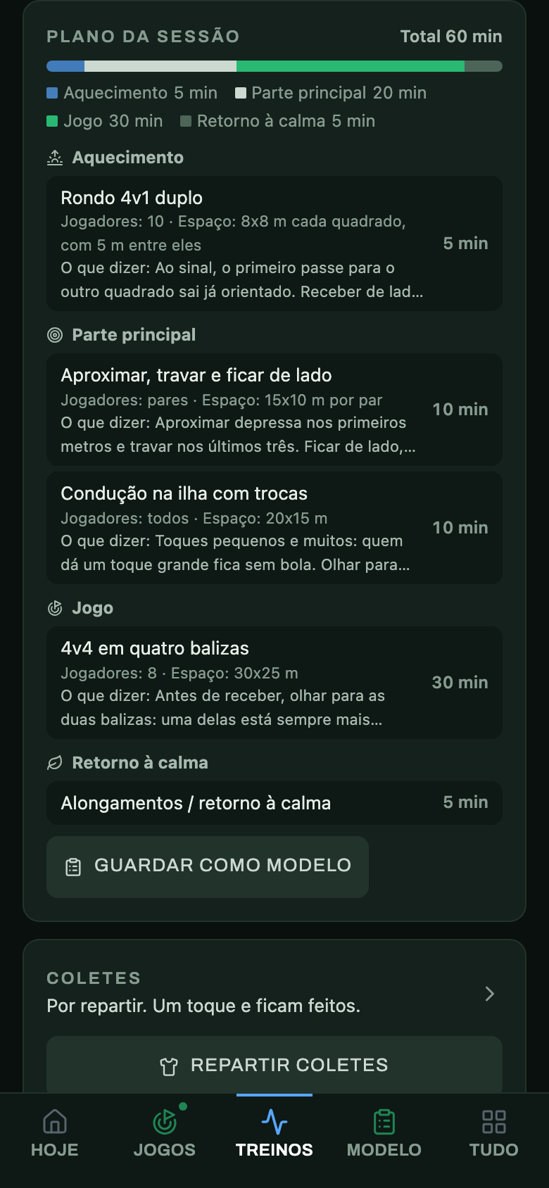 O plano da sessão: aquecimento, parte principal e jogo, com o que dizer em cada exercício
