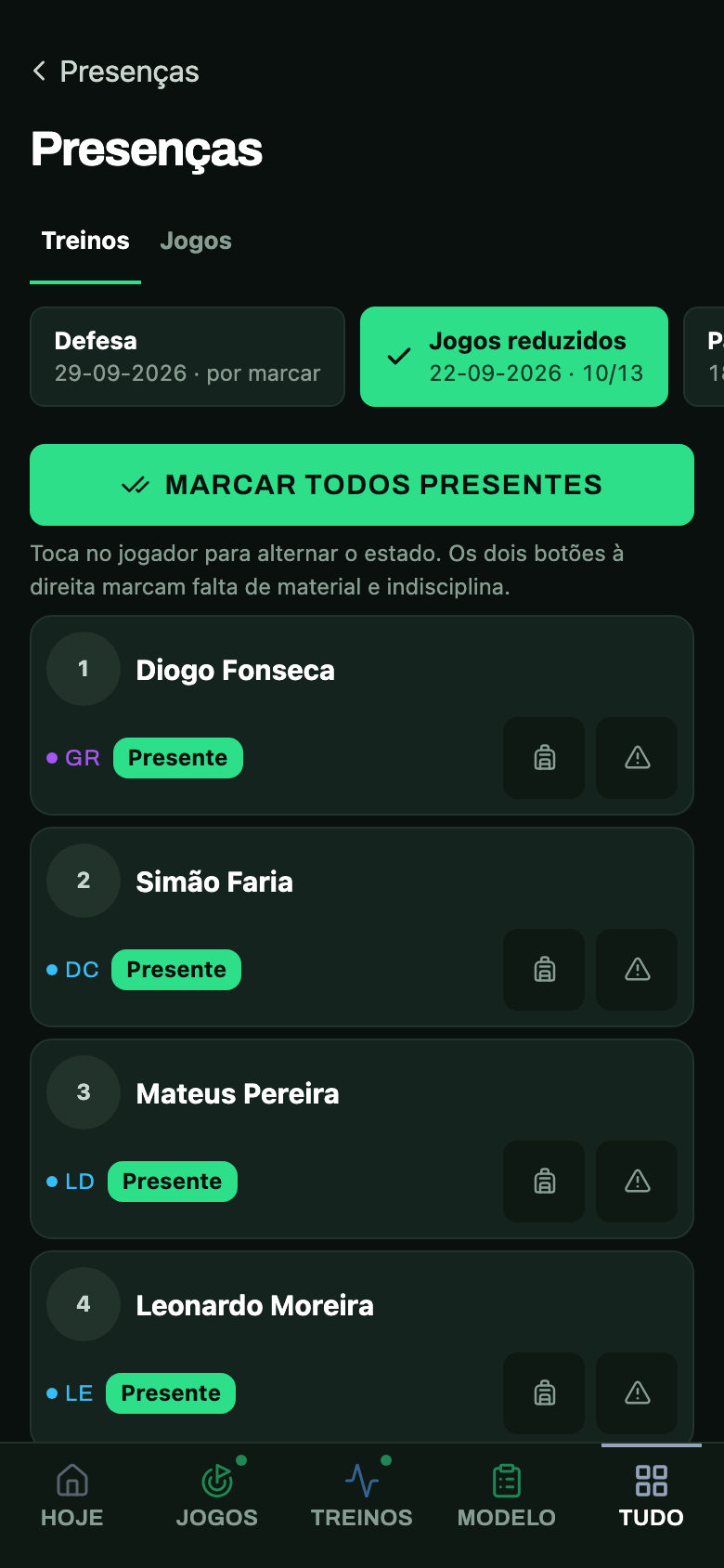 As presenças de um treino, marcadas atleta a atleta com um toque