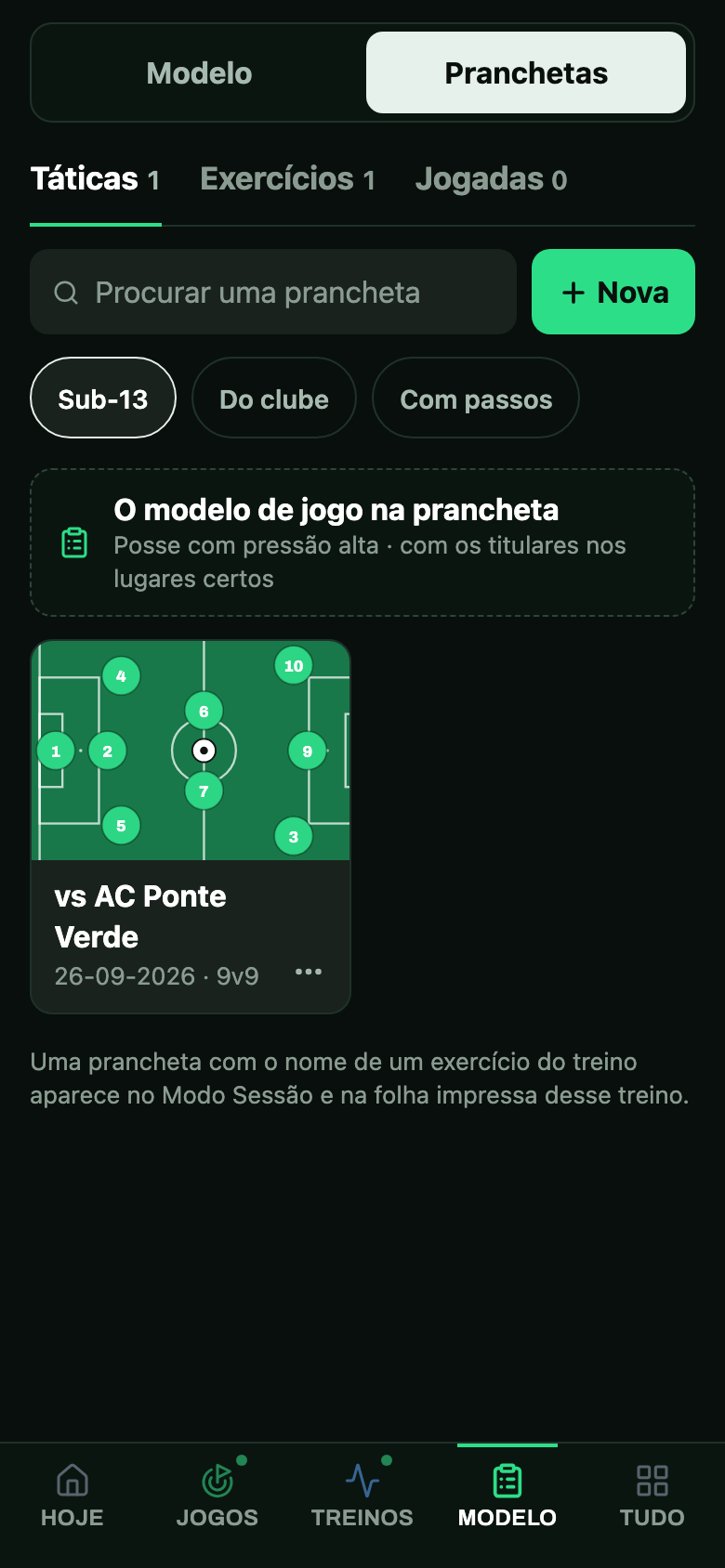 A página das pranchetas, com Táticas, Exercícios e Jogadas em separadores