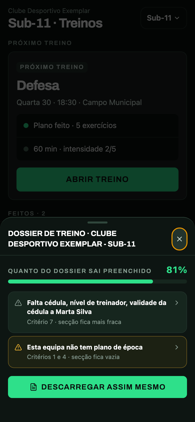 O dossier de treino de uma equipa, com o quanto já sai preenchido