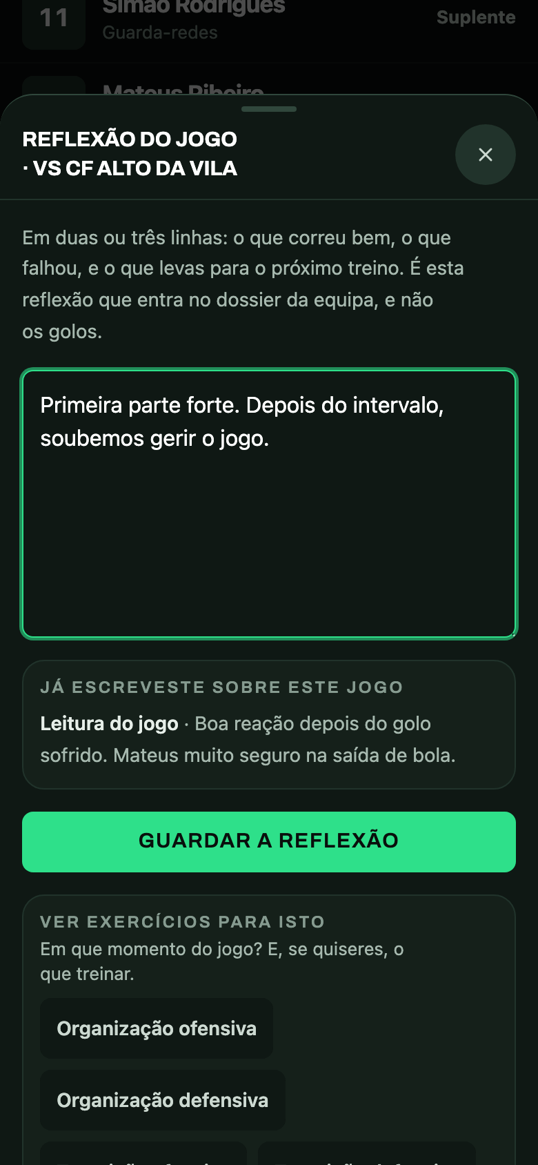 Escreve a reflexão do jogo