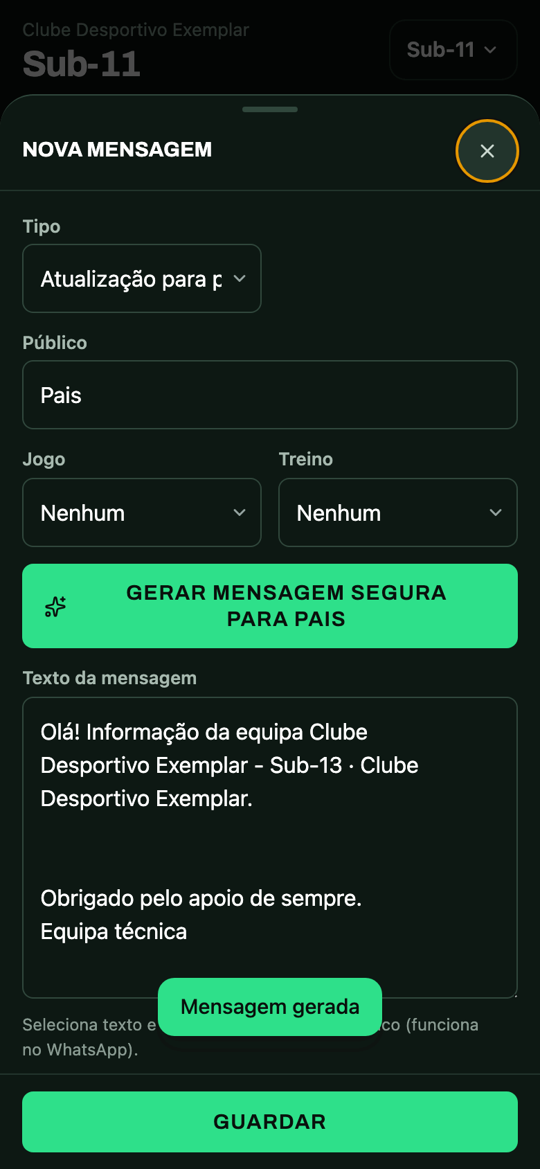 Uma mensagem para os pais preparada pela app, pronta a enviar
