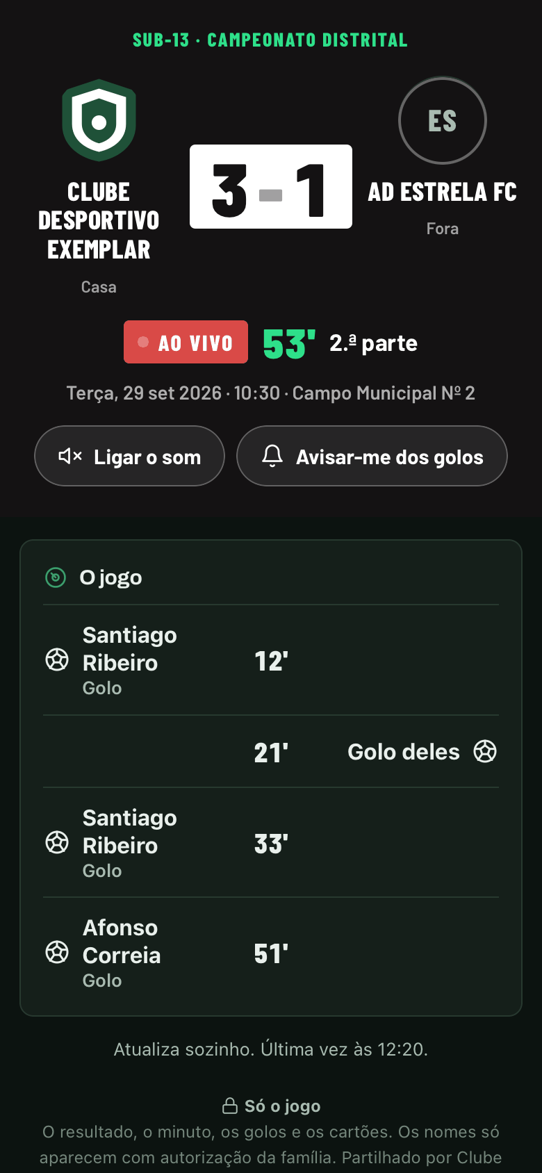 A página do jogo ao vivo aberta num telemóvel: 3-1 aos 53 minutos, os golos e os botões para ligar o som e receber avisos