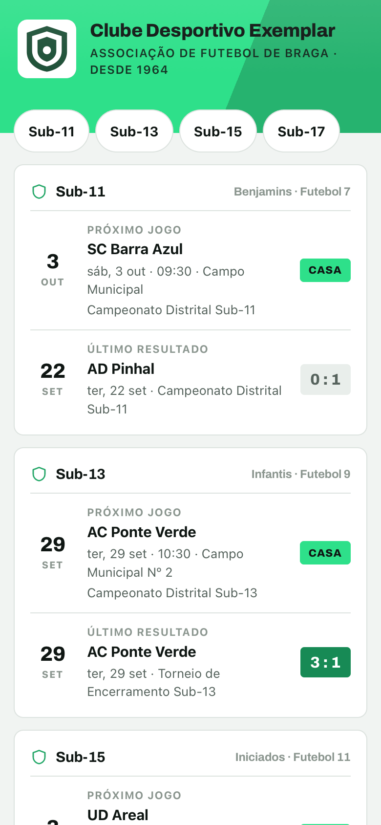 A página pública do clube: cada equipa com o próximo jogo e o último resultado
